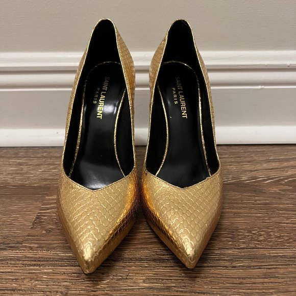 Saint Laurent Paris Notched Pump 105 Python-Embossed Leather Pump in Gold - Picture 2 of 7